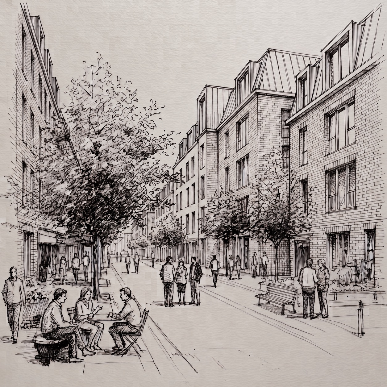 A hand-drawn street scene: a lively terraced street with trees, benches and neighbours talking, and homes gently extended with extra storeys.